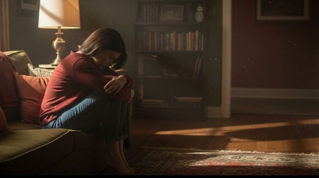 Woman sitting alone on couch feeling emotionally drained from dating a narcissist