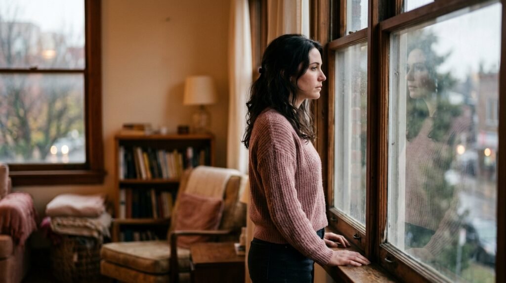 woman in deep thought near the window